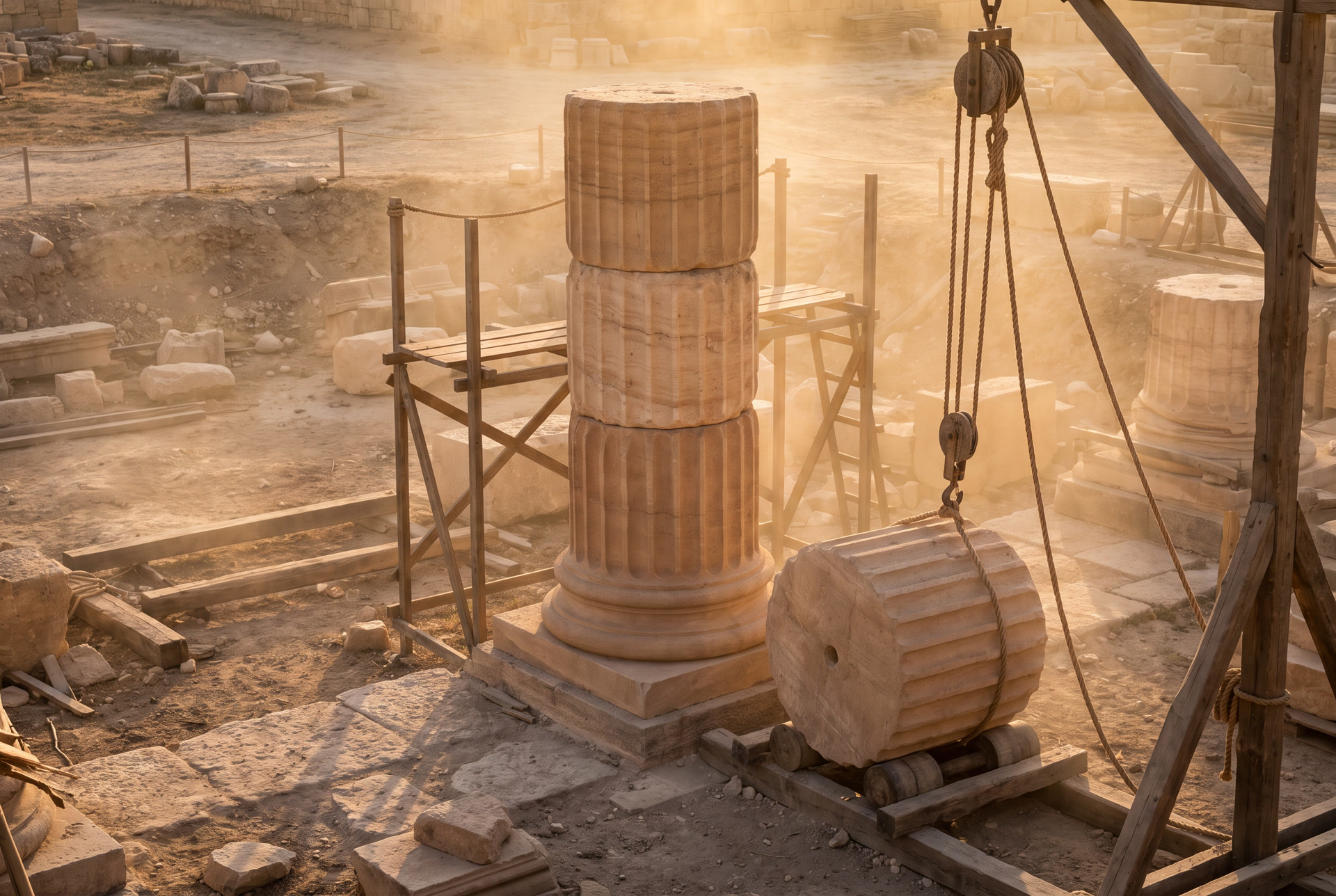 Fuste de columna romana a medio levantar, con los tambores de piedra apilados